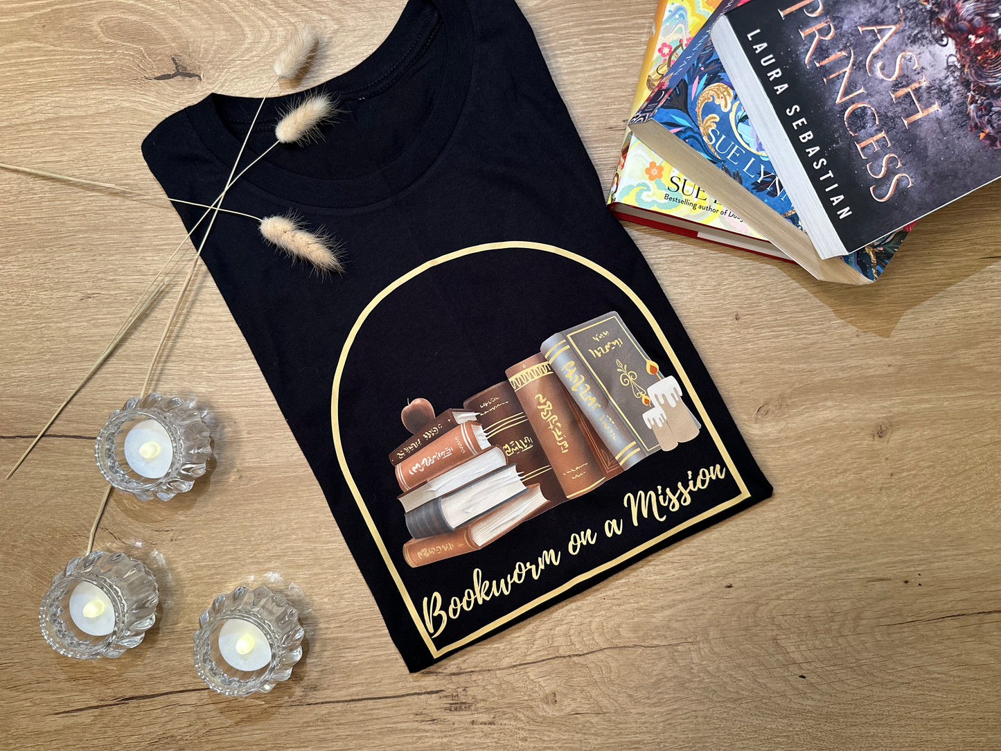 Book worm on a mission Short sleeve t-shirt.