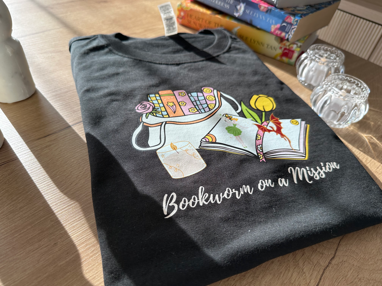 Book worm on a mission Short sleeve t-shirt.