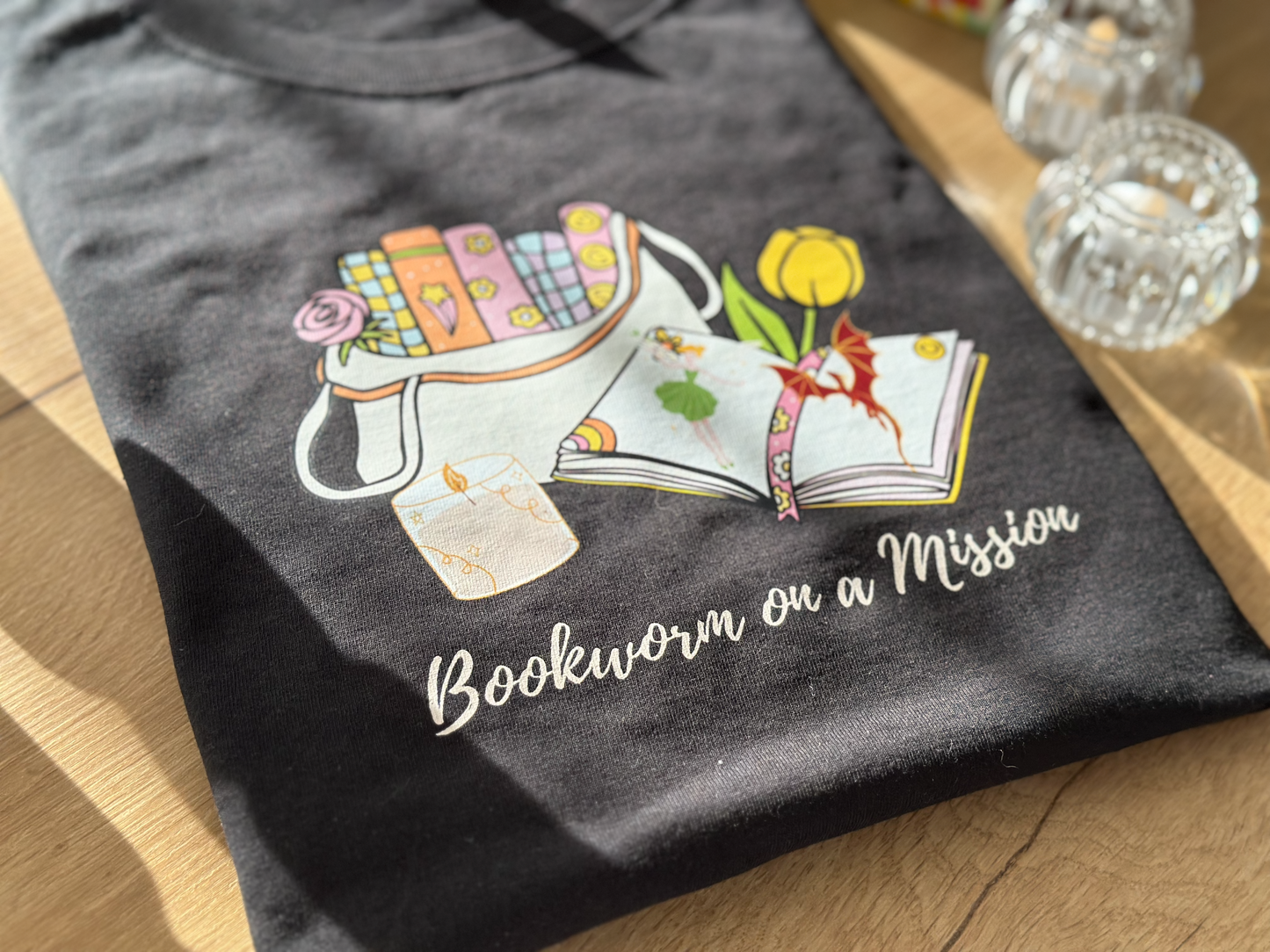 Book worm on a mission Short sleeve t-shirt.