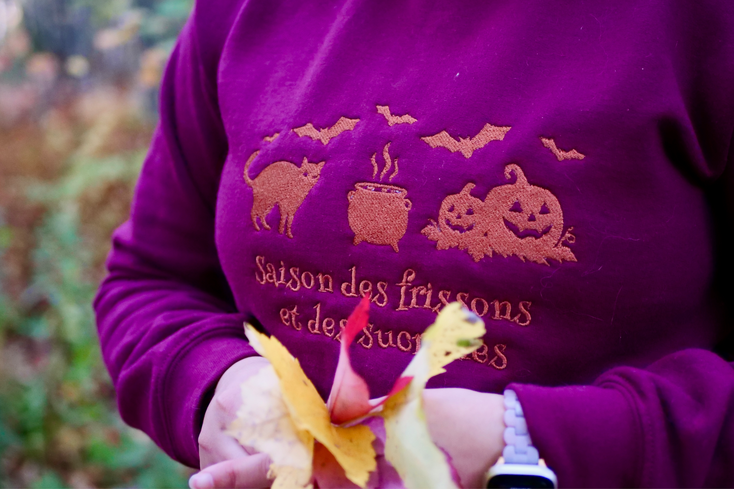 Person wearing a maroon hoodie with Halloween-themed design, holding autumn leaves outdoors.